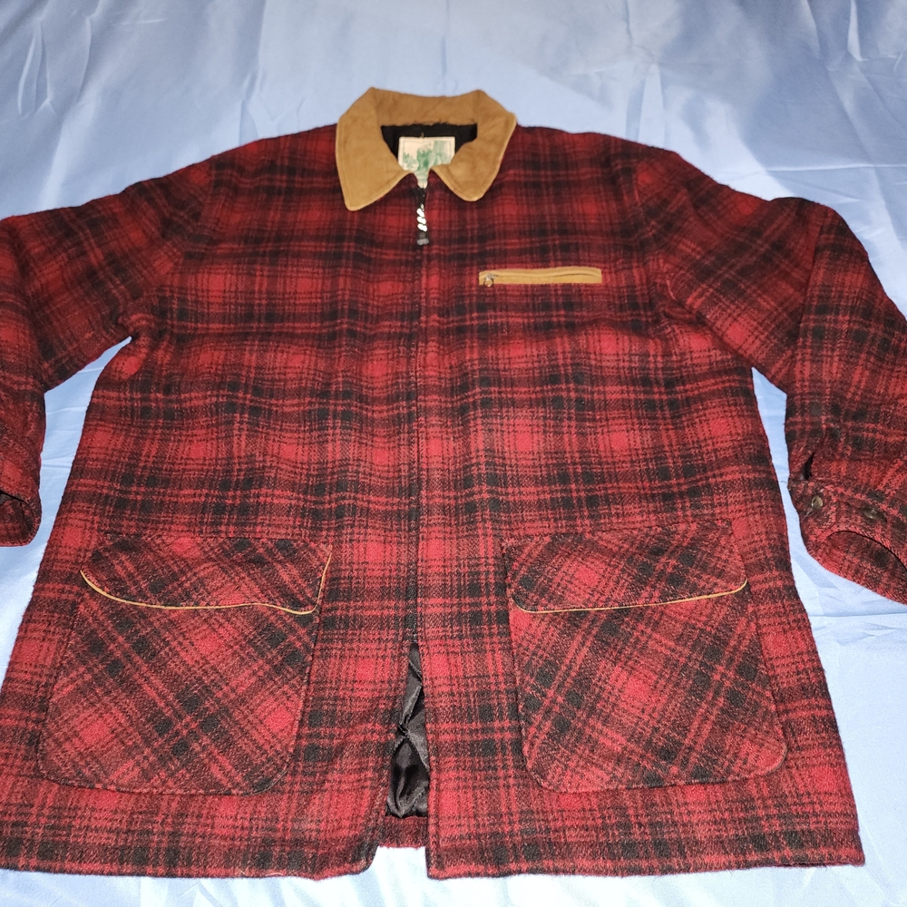 VTG GOLDEN BEAR MEN'S WOOL PLAID QUILTED LINED COAT JACKET RED/BLACK LARGE